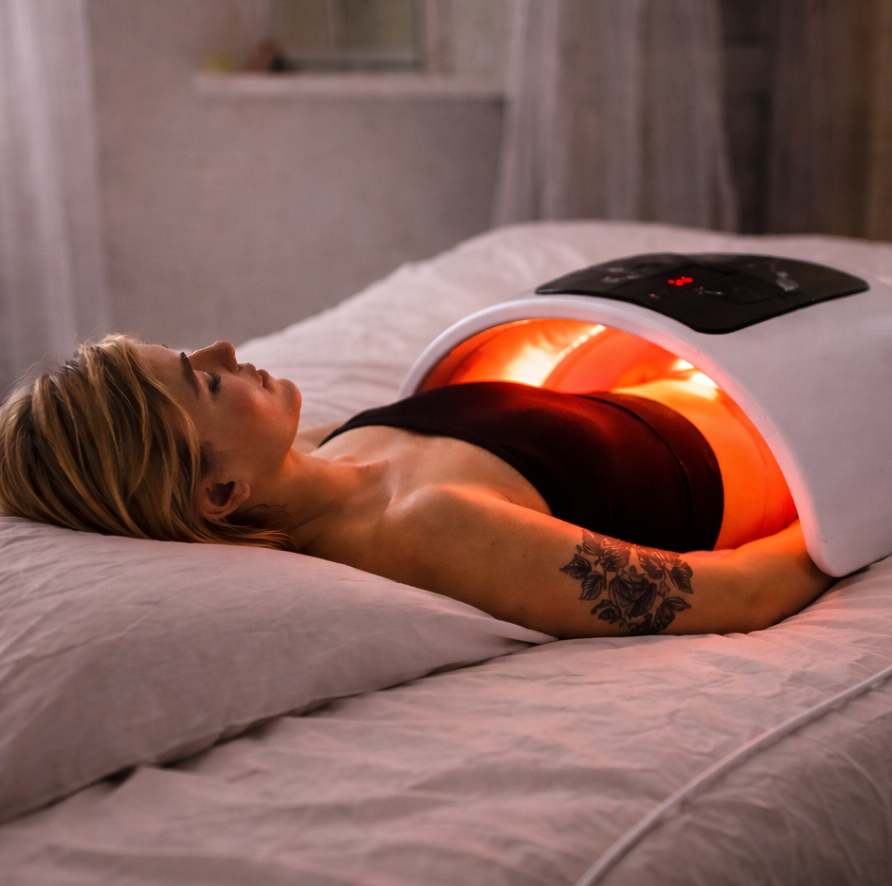 Person lying on a bed with a red light therapy device.