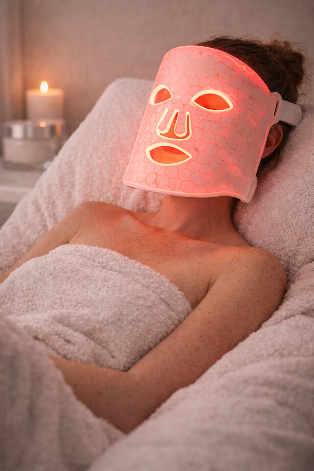 Person wearing a LED Elyra Glow face mask in a spa setting with candles in the background