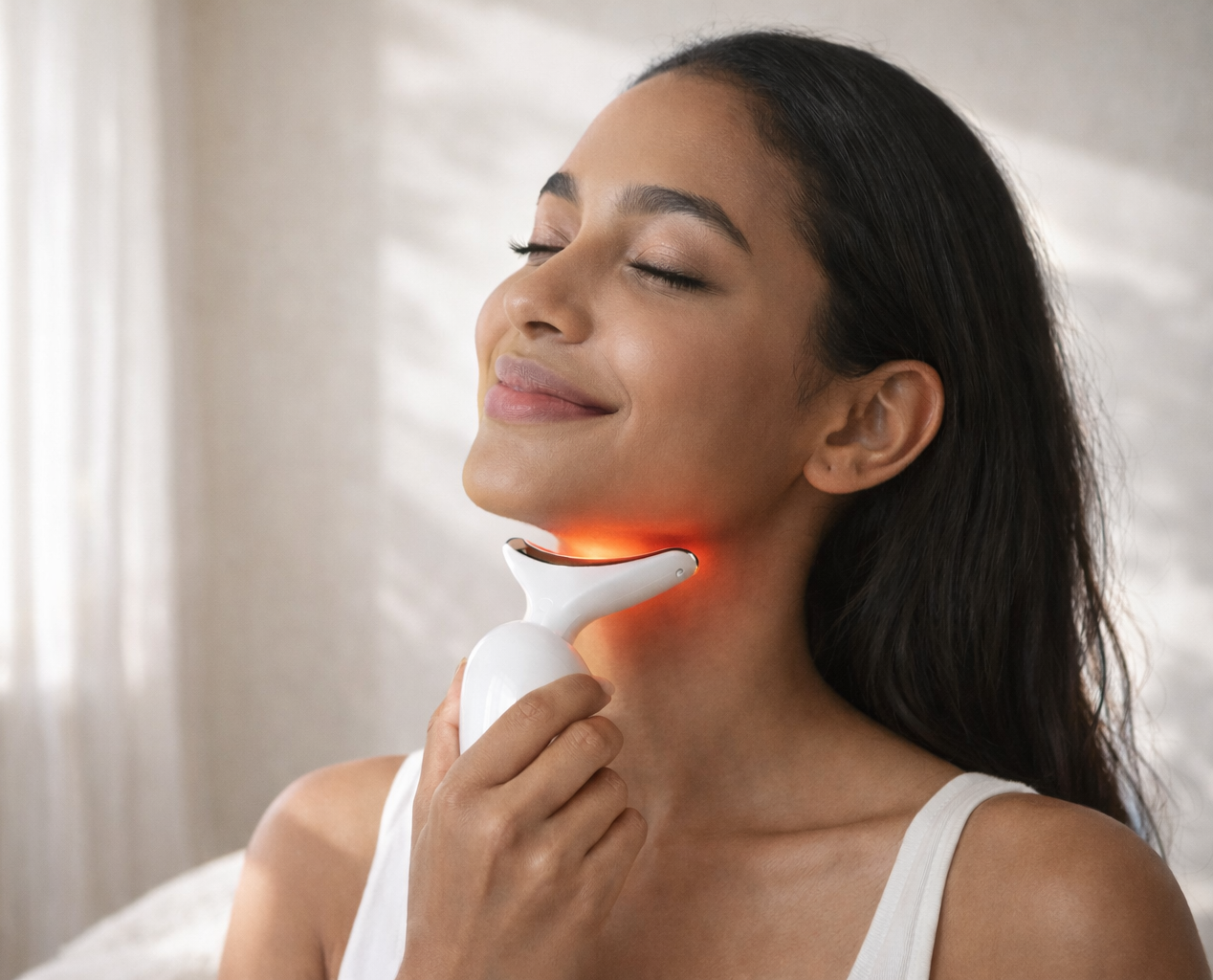 Woman using a Elyra Sculpt handheld red light wellness tool on her neck with a blurred background